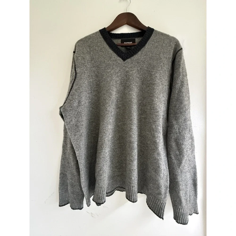 Express Men XXL Gray V Neck Sweater Black Trim Pullover Minimalist Classic